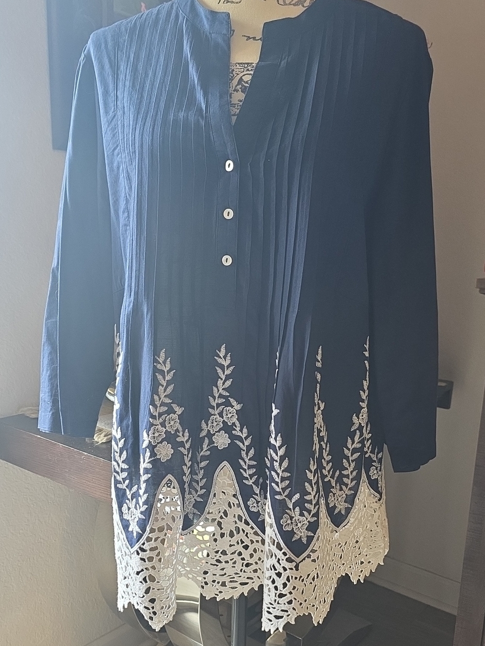 Beautiful Navy Blue Tunic with White Lace Hem